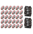 Stack of 30 Gilbert G-TR4000 trainer rugby balls with two large breathable bags designed for size 5 balls storage