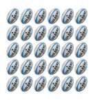 Stack of 30 Gilbert G-TR4000 trainer rugby balls in white with black and orange accents alongside two large breathable storage bags