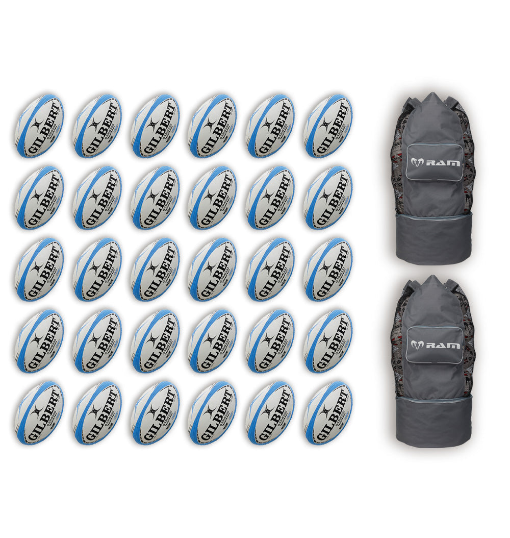 Stack of Gilbert G-TR4000 trainer rugby balls showing official size 5, combined with two black breathable Gilbert ball bags
