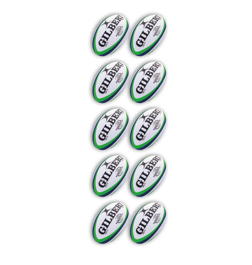 Ten Gilbert Barbarian 2.0 size 5 rugby balls neatly arranged inside a breathable black and red storage bag for training use