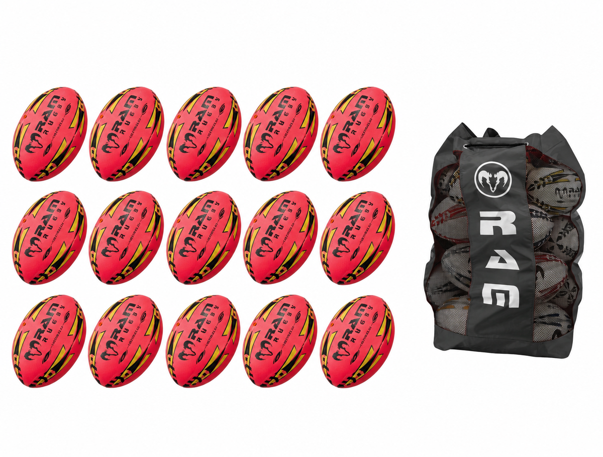 Paquete de 15 pelotas Ram Rugby Gripper 2.0 Pro Trainer en color rosa neón con 1 bolsa