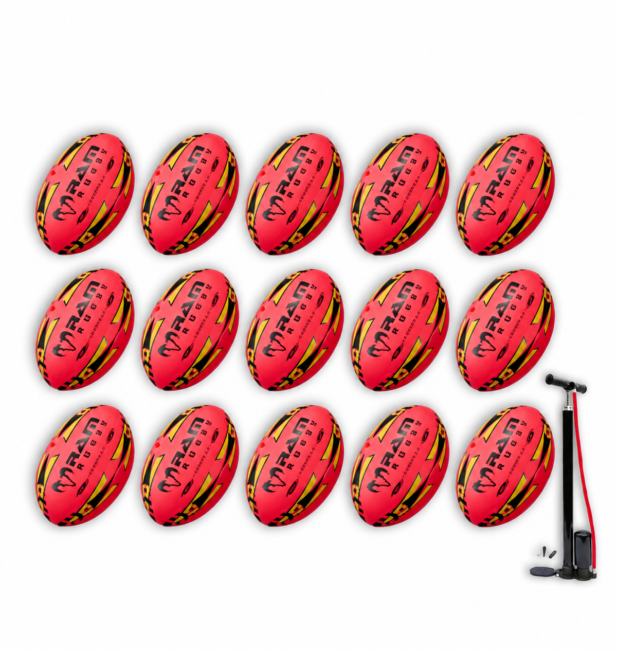 Paquete de 15 pelotas Ram Rugby Gripper 2.0 Pro Trainer en color rosa neón con 1 bolsa
