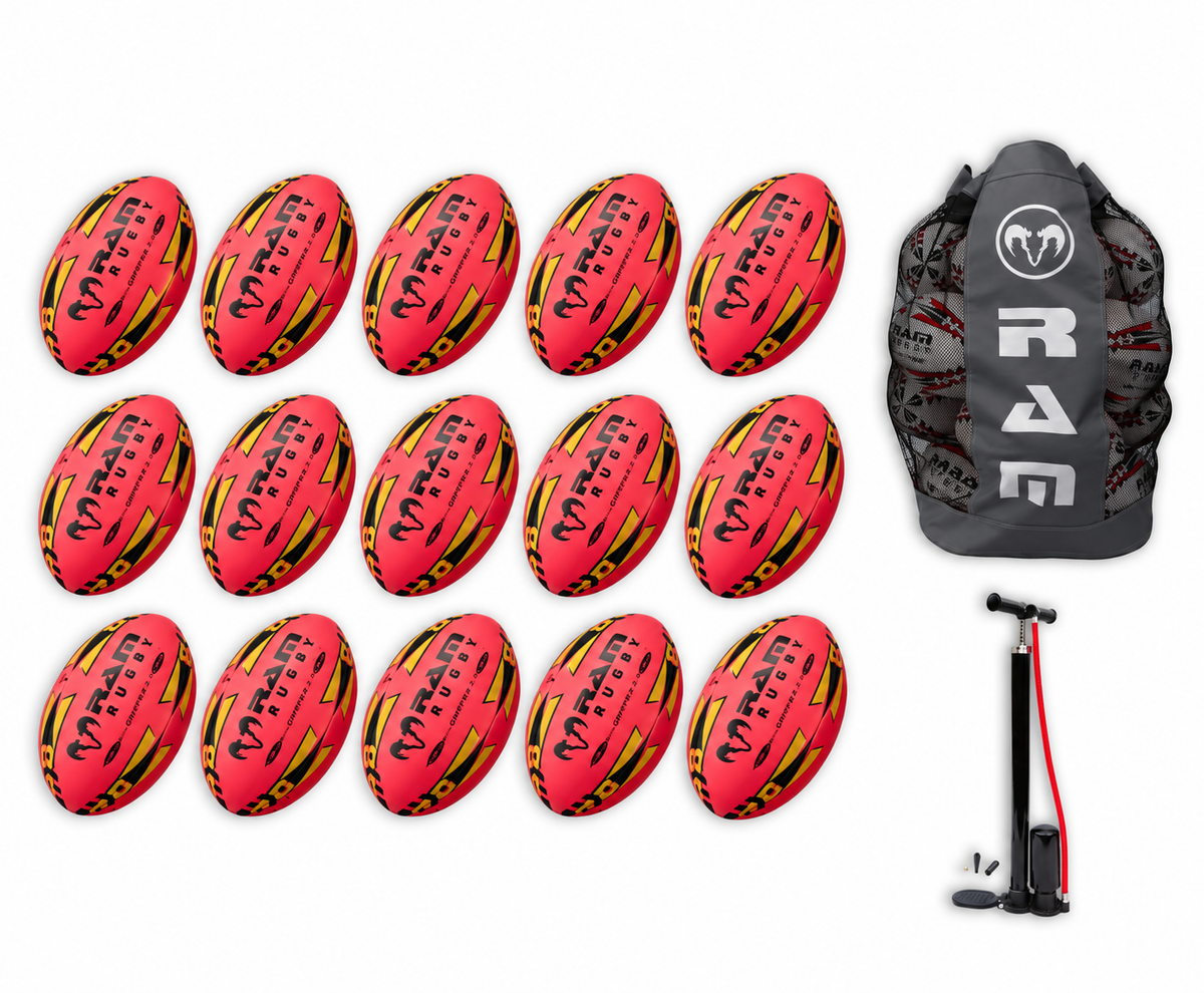 Paquete de 15 pelotas Ram Rugby Gripper 2.0 Pro Trainer en color rosa neón con 1 bolsa