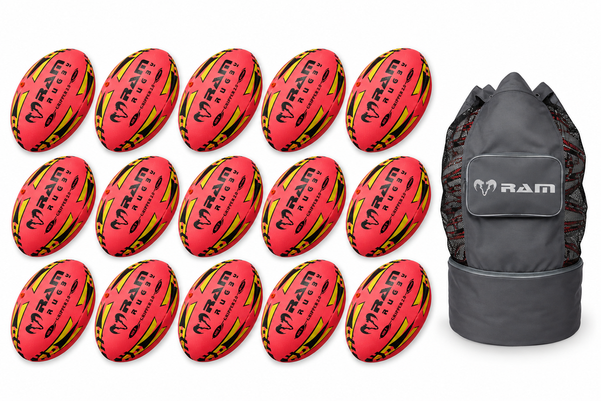Paquete de 15 pelotas Ram Rugby Gripper 2.0 Pro Trainer en color rosa neón con 1 bolsa