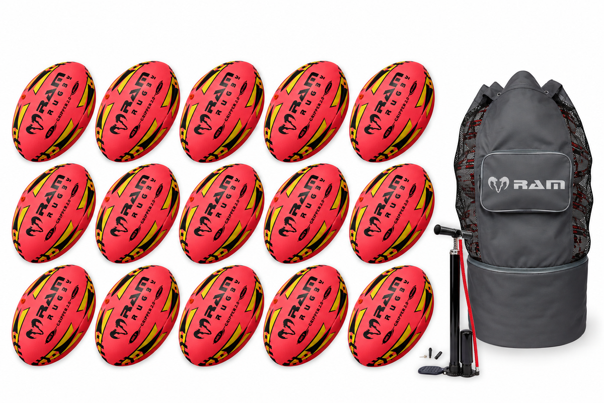 Paquete de 15 pelotas Ram Rugby Gripper 2.0 Pro Trainer en color rosa neón con 1 bolsa