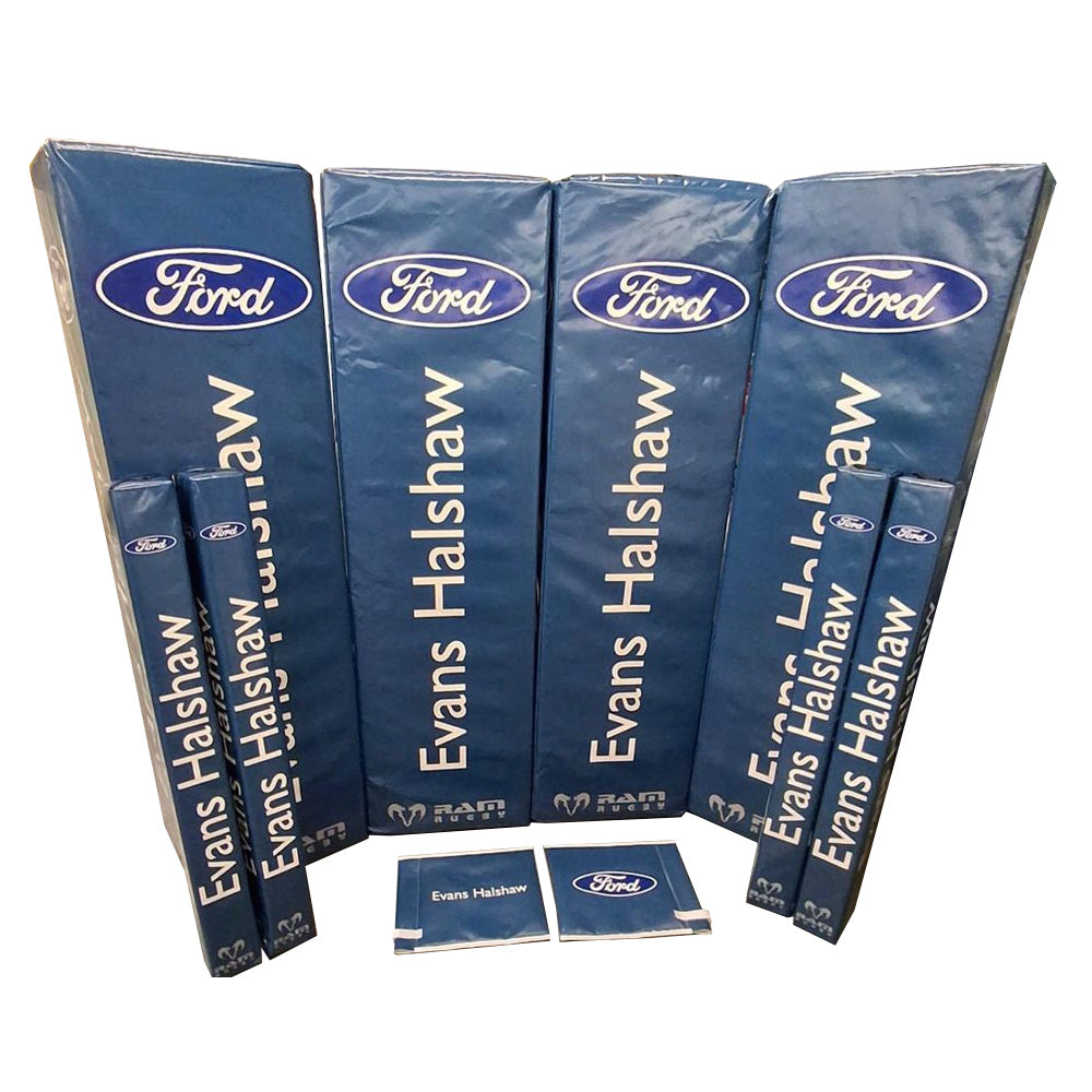 Ram Rugby custom digitally printed rugby post protectors bundle showing four padded post covers in vibrant custom designs.