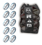 Ten white Gilbert Innovo size 5 rugby match balls stacked inside a black breathable storage bag for training or games