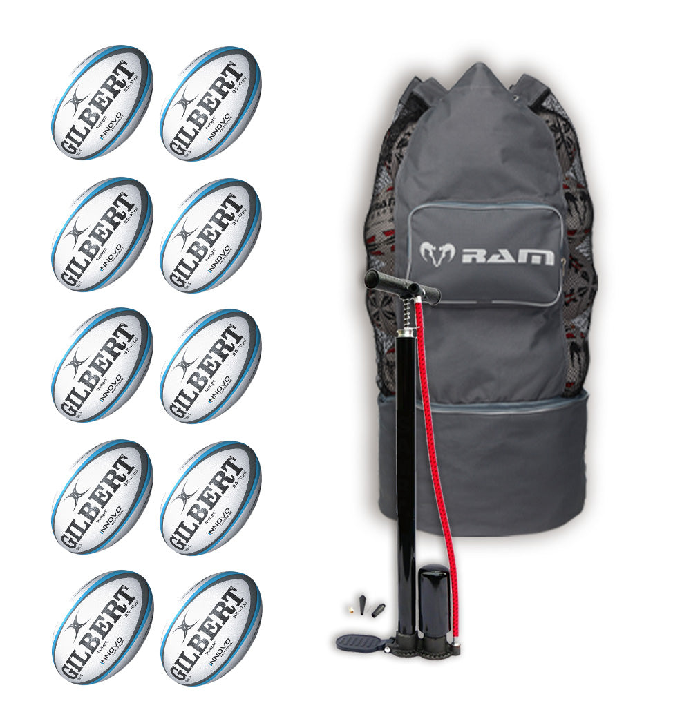 Gilbert Innovo Rugby Match Ball Bundle displaying 10 white size 5 match balls with breathable storage bag for training sessions