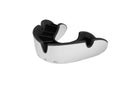 Opro Silver rugby mouthguard showing detailed flexible inner layer and patented anatomical fins for secure, comfortable fit