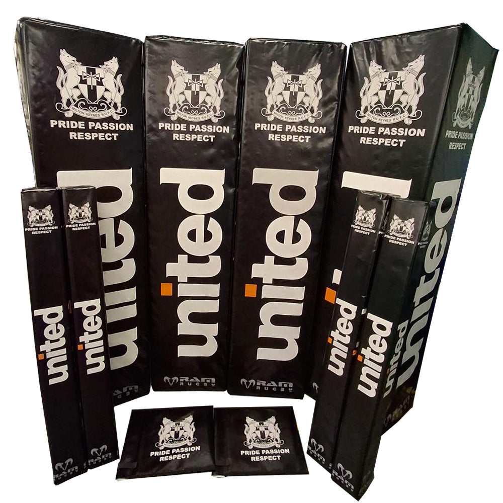 Ram Rugby custom digitally printed post protectors bundle set showing four wide, high-visibility rugby post pads with vibrant branding