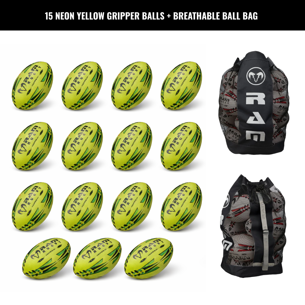 Paquete de 15 Pelotas Ram Rugby Gripper 2.0 Pro Trainer Neon con 1 Bolsa