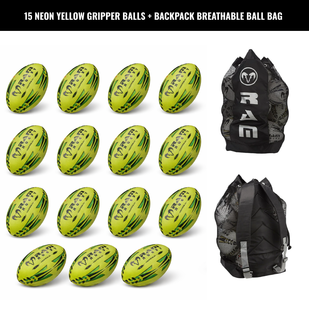 Paquete de 15 Pelotas Ram Rugby Gripper 2.0 Pro Trainer Neon con 1 Bolsa