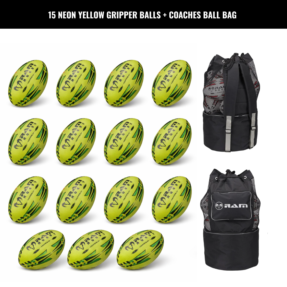Paquete de 15 Pelotas Ram Rugby Gripper 2.0 Pro Trainer Neon con 1 Bolsa