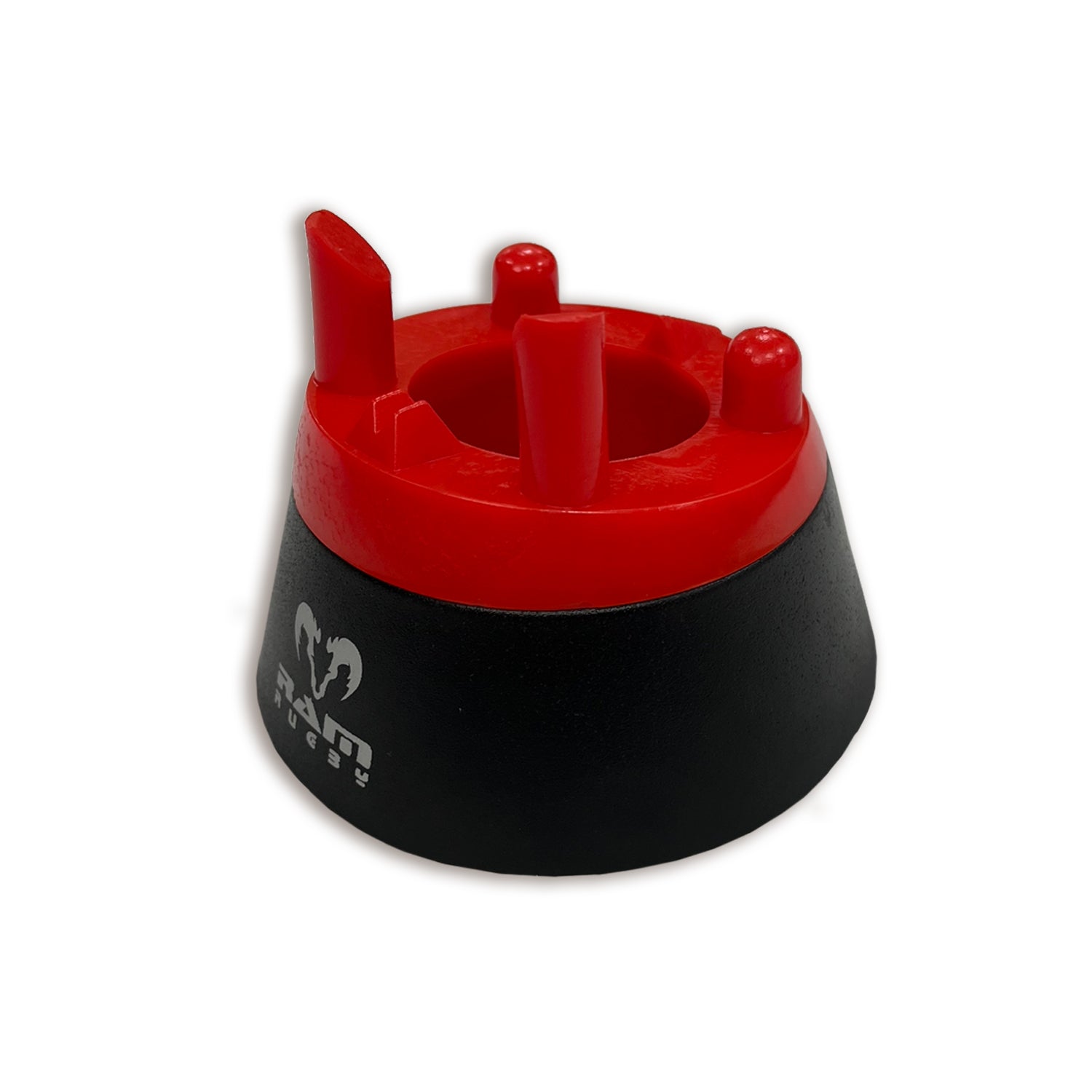 Ram Rugby adjustable kicking tee in black with rotating head for custom height, designed for precise rugby kicking practice