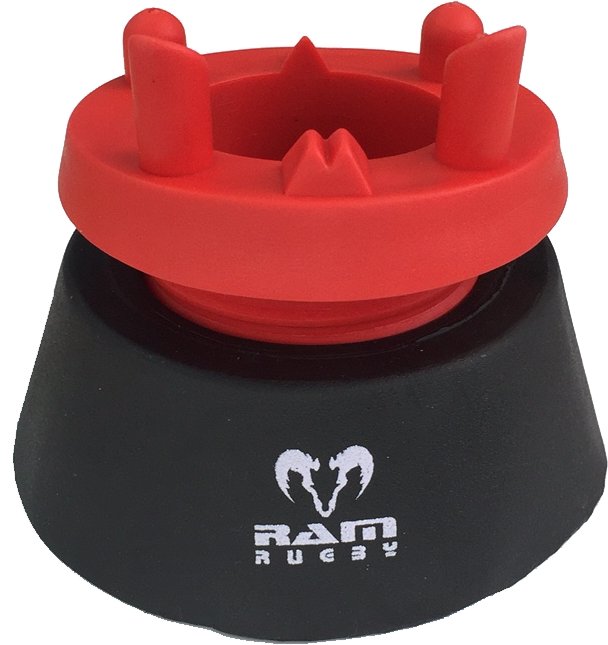 Ram Rugby Adjustable Kicking Tee in red with rotating head for customizable rugby ball height and kicking precision