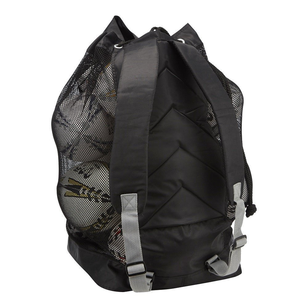 Ram Rugby breathable backpack ball bag with black mesh side panels, drainage holes, padded straps, and rucksack style design