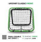 Crazy Catch Upstart 2.0 portable rebound net showing double-sided black mesh for hand-eye coordination training outdoors