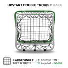 Crazy Catch Upstart Double Trouble Rugby rebound net showing dual-sided black mesh frame designed for advanced catching drills.