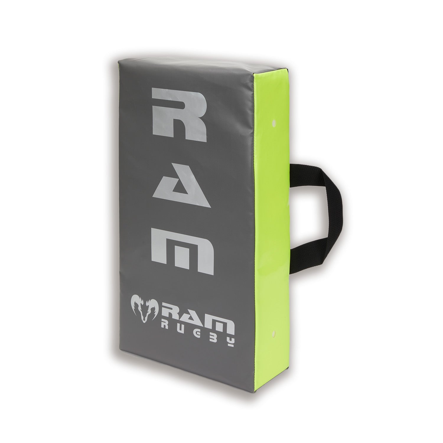 Ram Rugby custom hit shields in red and white with multiple logos, designed for rugby training and impact protection.