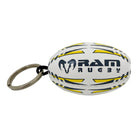 Ram Rugby custom printed rugby ball keyrings in black rubber with grip, personalized promotional gifts for events and giveaways