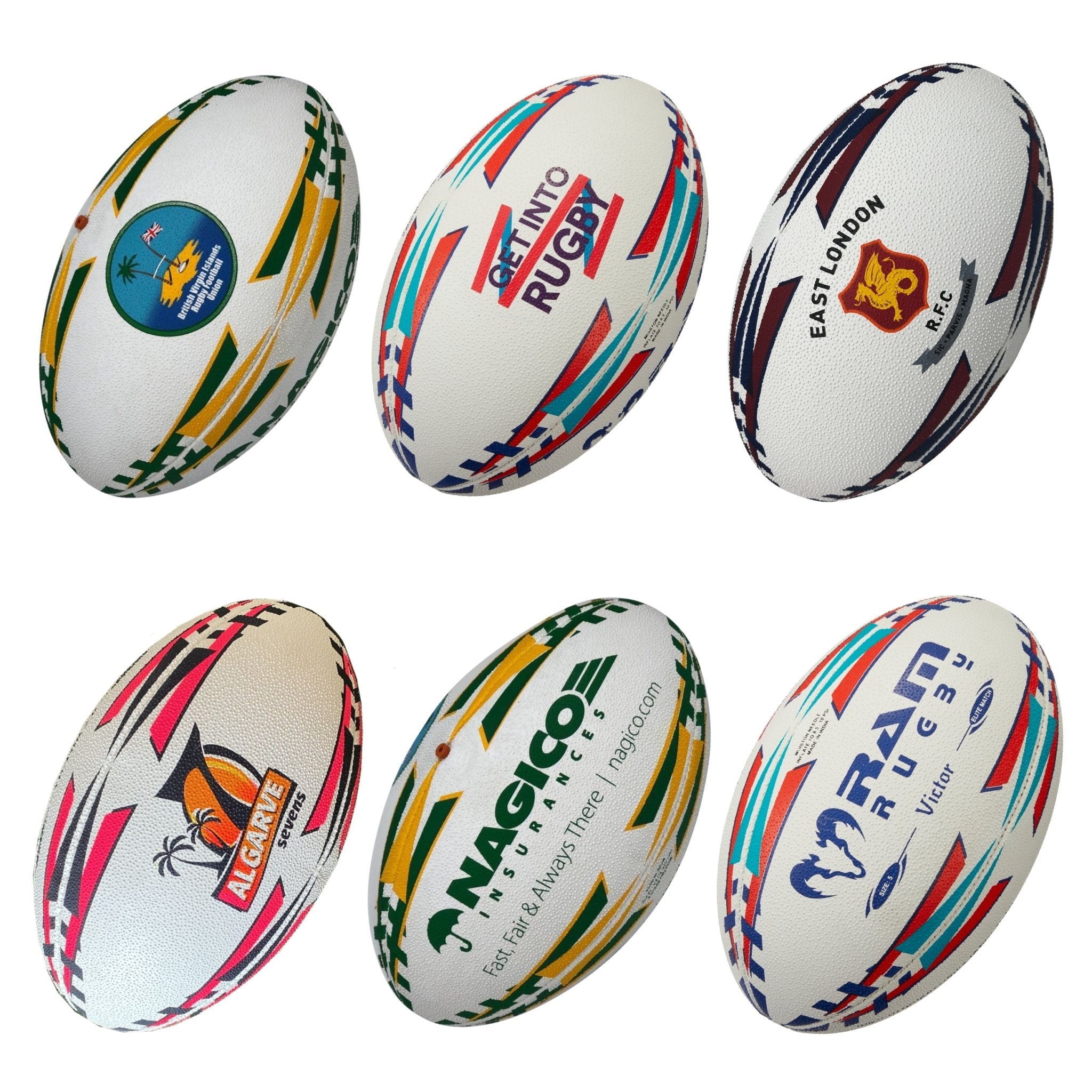 Custom Ram Rugby Victor Raider Touch match ball with vibrant full-color printed logo, ideal for clubs and events promotion.