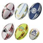 Ram Rugby personalized custom printed training rugby ball in white with bold blue and red logo branding, durable grip surface