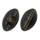 Ram Rugby Custom Vintage Leather Heritage Rugby Ball Size 5, close-up showing embossed logo on classic brown leather surface