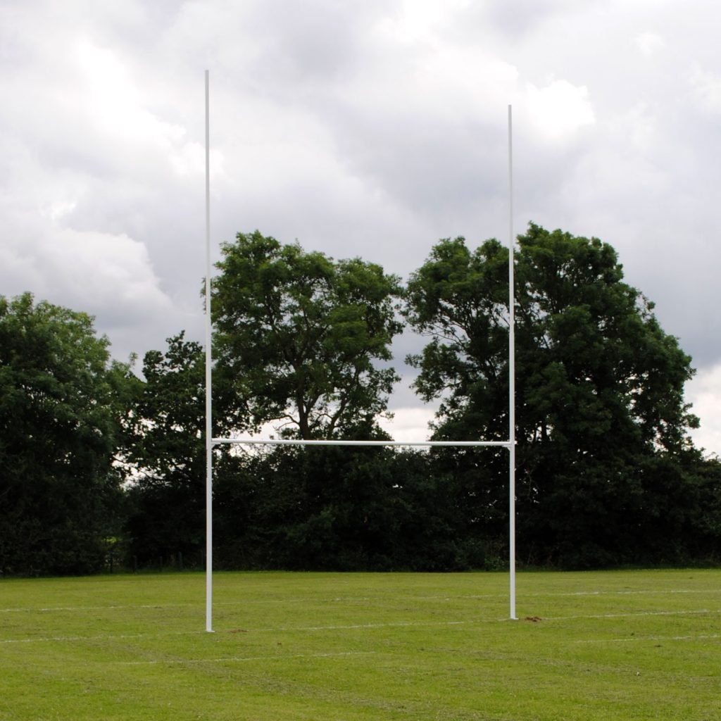 Ram Rugby 6m aluminium fixed socketed white rugby goal posts with crossbar and one-piece upright for durability
