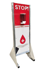 Ram Rugby free standing hand sanitiser station with 1L manual gel dispenser, aluminium Dibond frame, and refill window