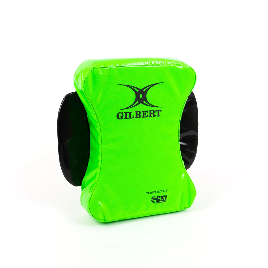 Gilbert Arrowhead Contact Shield by Ram Rugby EU in black and yellow, designed for rugby tackle and collision training