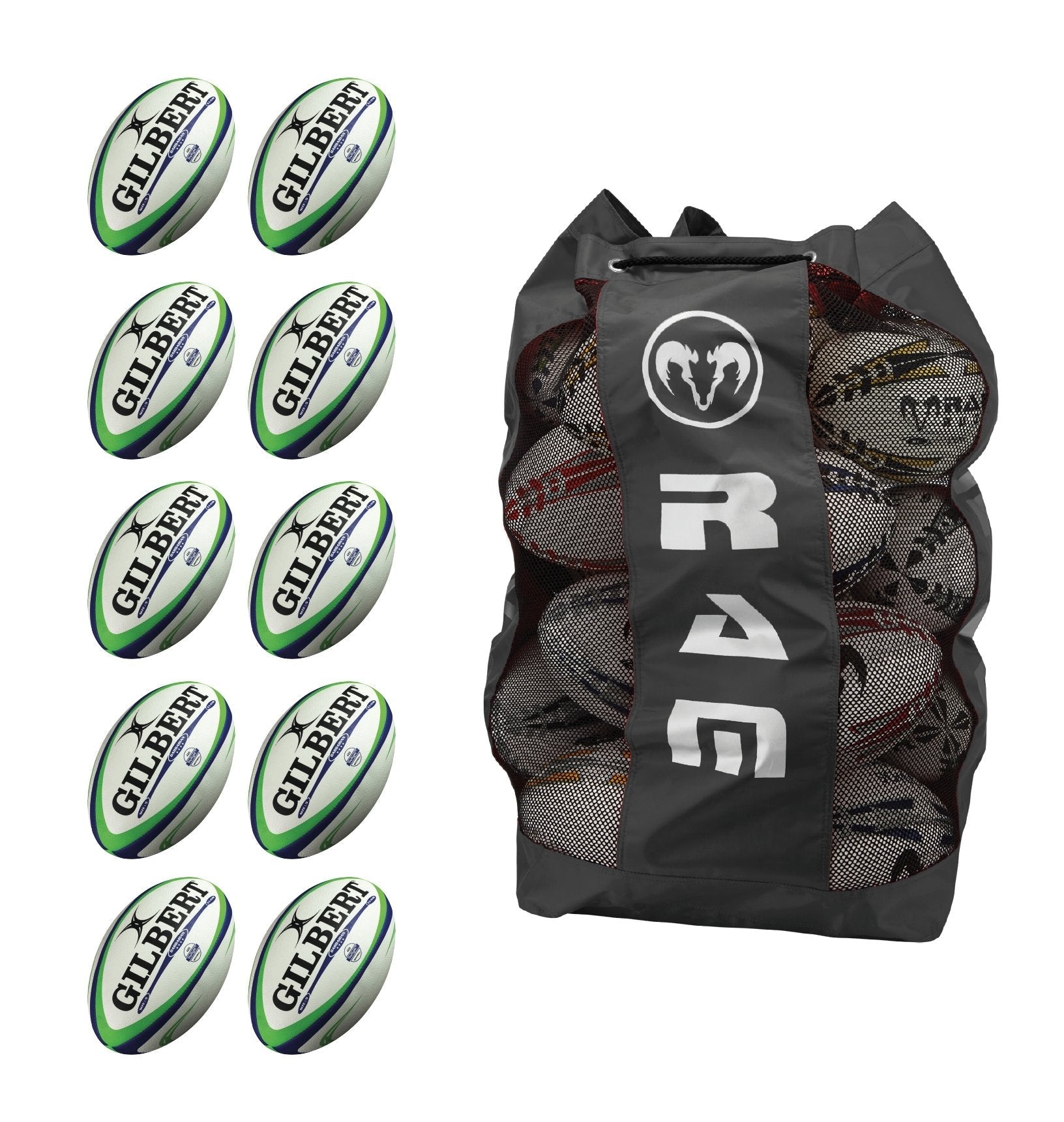 Gilbert Barbarian 2.0 Rugby Ball Bundle showing 10 size 5 match balls and a breathable bag for training and matches