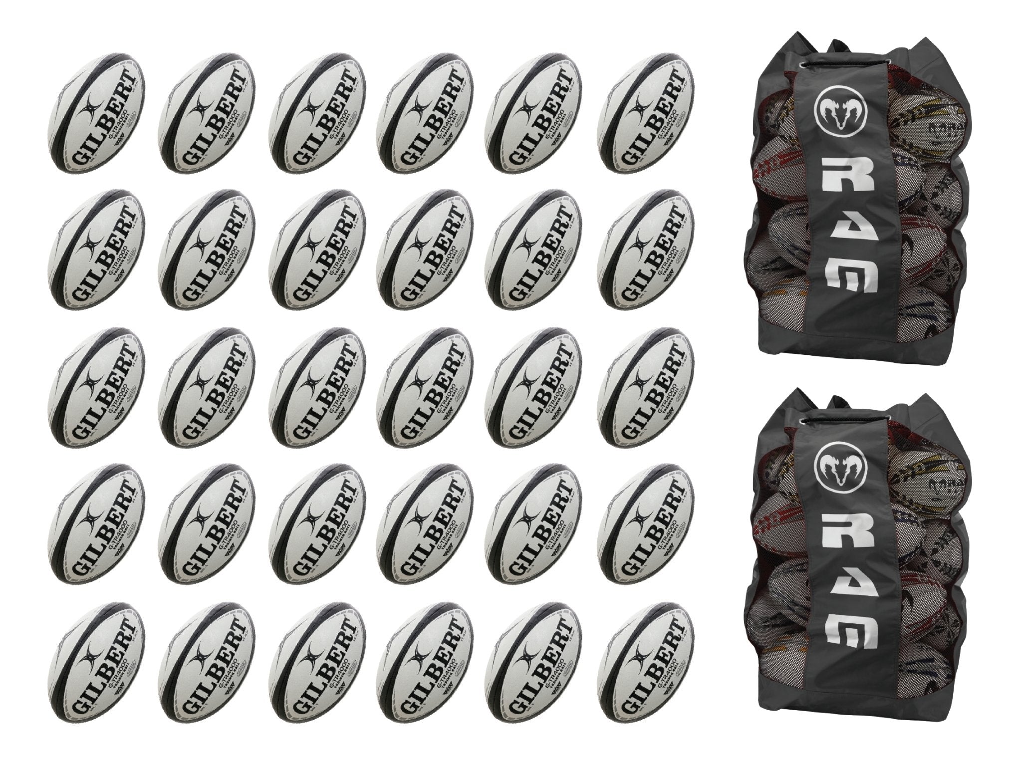 Thirty Gilbert G-TR4000 trainer rugby balls stacked with two black breathable bags for size 5 balls in bundle set