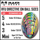 Close-up of Ram Rugby Graffiti Design Squad Trainer Ball showing textured surface with durable 3-ply polycotton and rubber laminate