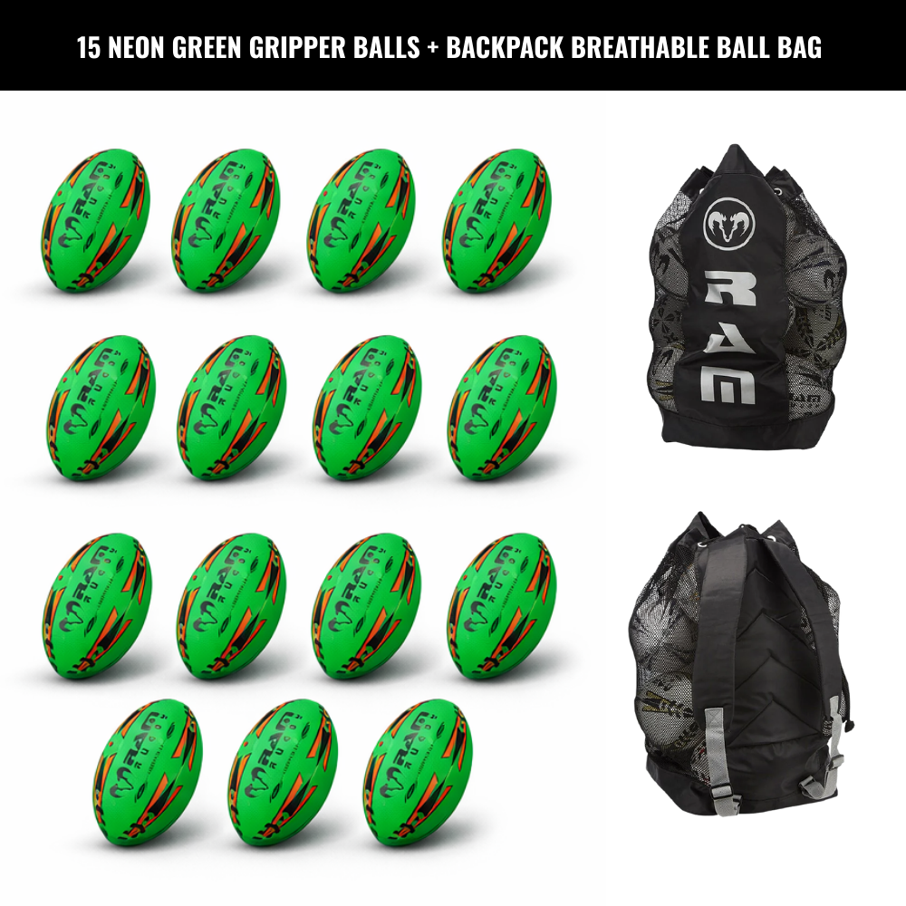Paquete de 15 Pelotas Ram Rugby Gripper 2.0 Pro Trainer Neon con 1 Bolsa