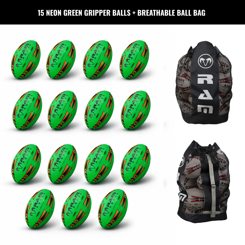 Paquete de 15 Pelotas Ram Rugby Gripper 2.0 Pro Trainer Neon con 1 Bolsa