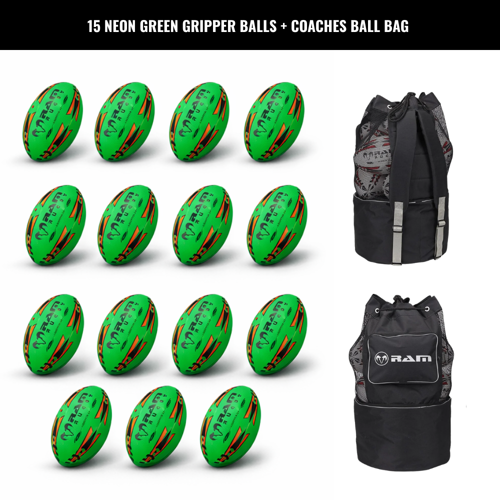 Paquete de 15 Pelotas Ram Rugby Gripper 2.0 Pro Trainer Neon con 1 Bolsa