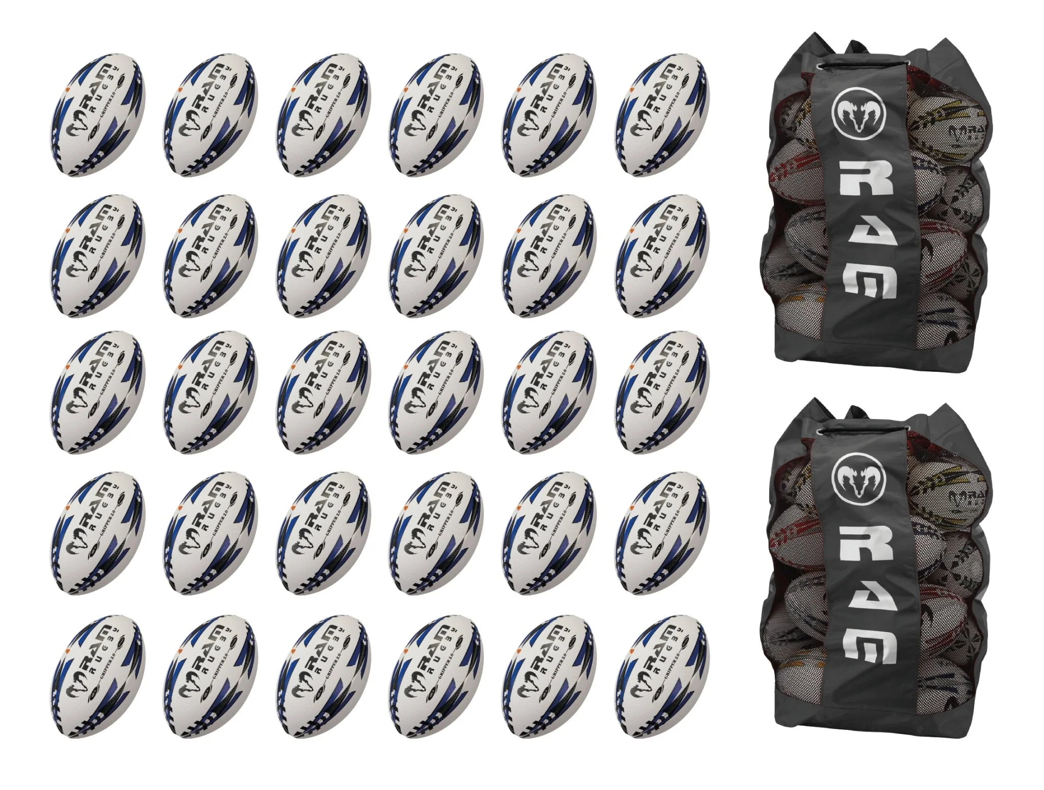 Paquete de Balones de Rugby Ram Rugby Gripper 2.0 Pro Trainer 30 Balones 2 Bolsas