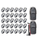 Thirty Ram Rugby Gripper 2.0 Pro Trainer rugby balls stacked with two breathable bags for storage and transport.