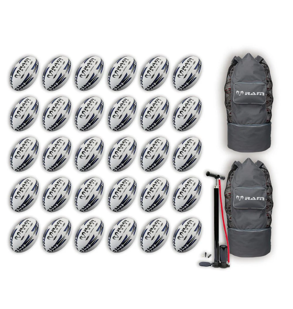 Paquete de Balones de Rugby Ram Rugby Gripper 2.0 Pro Trainer 30 Balones 2 Bolsas