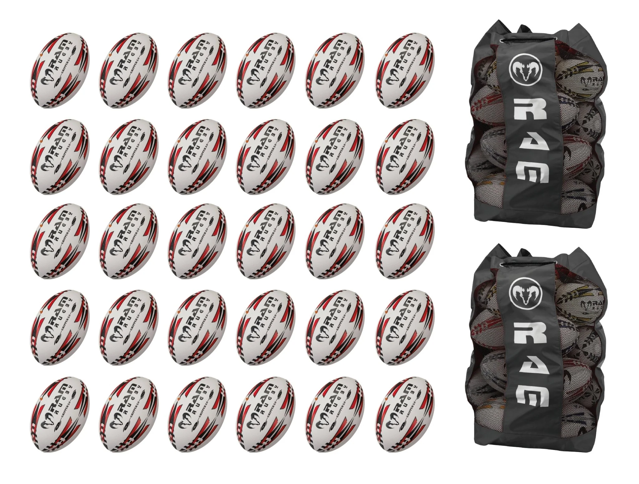 Paquete de Balones de Rugby Ram Rugby Gripper 2.0 Pro Trainer 30 Balones 2 Bolsas