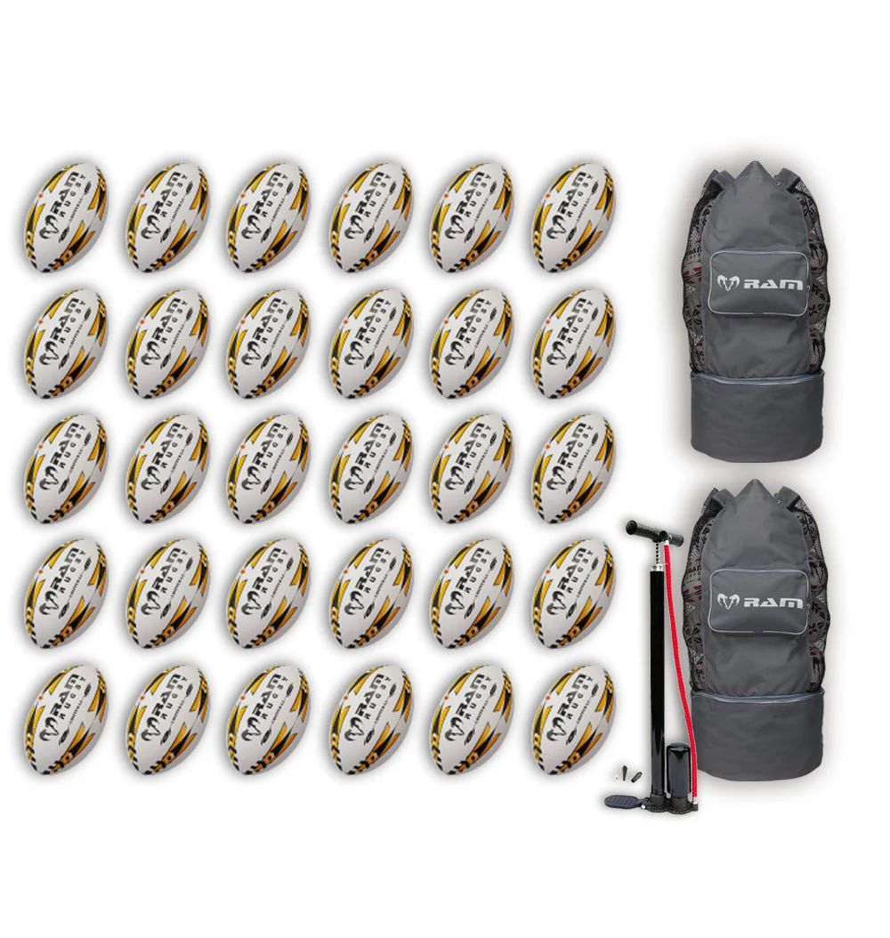 Paquete de Balones de Rugby Ram Rugby Gripper 2.0 Pro Trainer 30 Balones 2 Bolsas