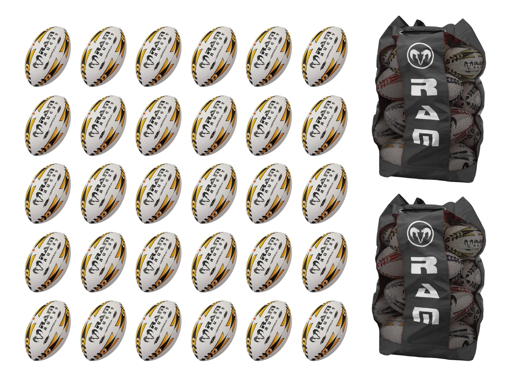 Paquete de Balones de Rugby Ram Rugby Gripper 2.0 Pro Trainer 30 Balones 2 Bolsas