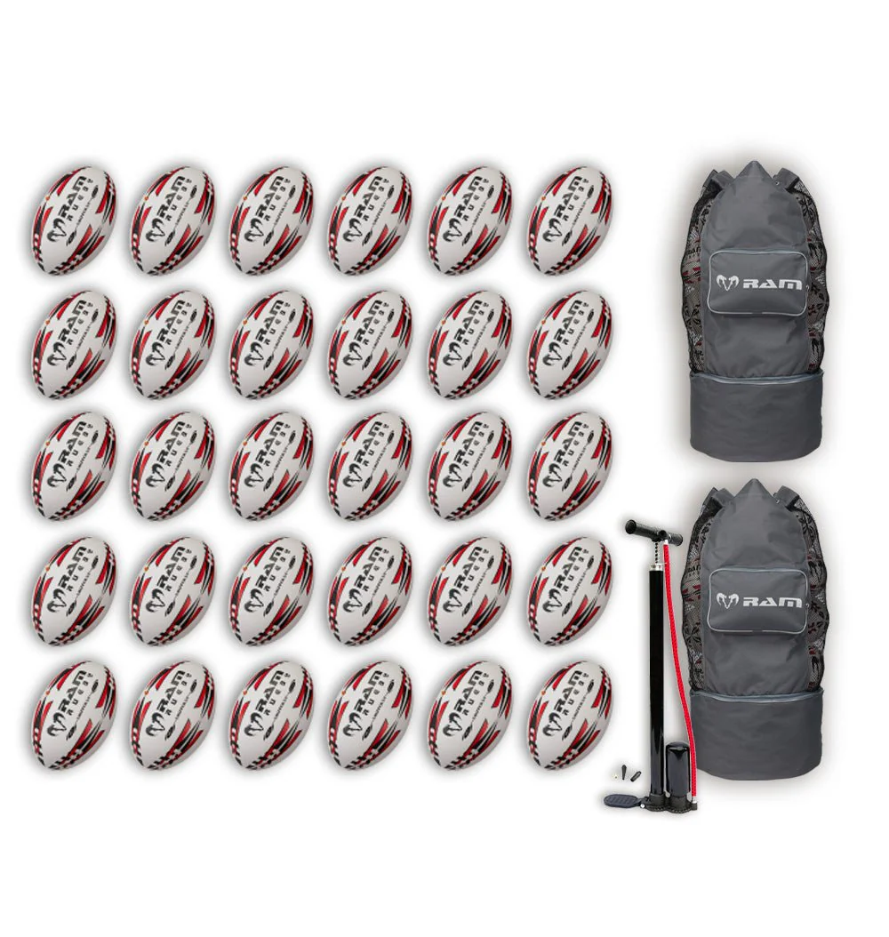 Paquete de Balones de Rugby Ram Rugby Gripper 2.0 Pro Trainer 30 Balones 2 Bolsas