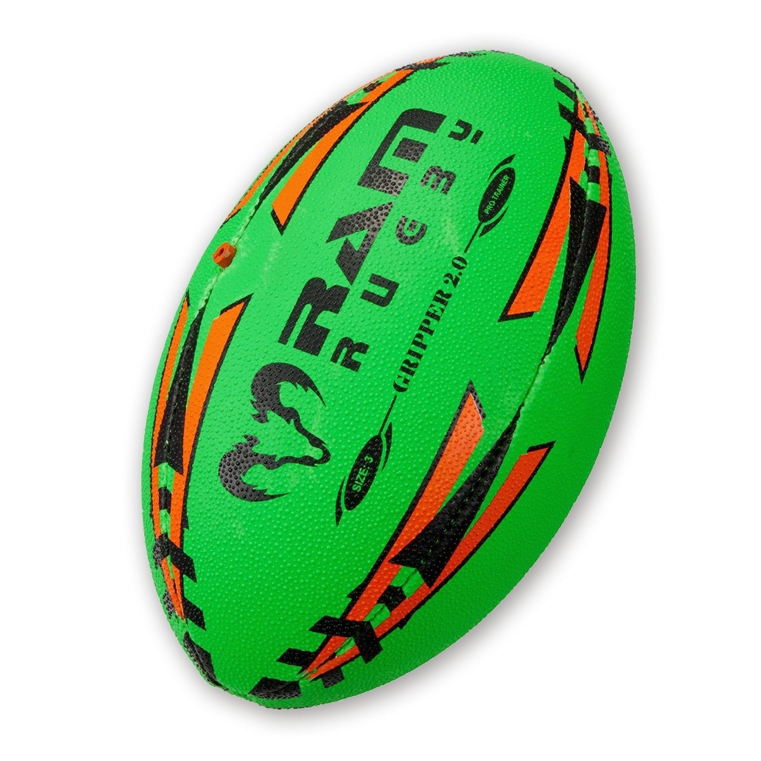 Ram Rugby Gripper 2.0 Neon Pro Trainer Ball in bright neon with 3D grip texture and durable rubber laminate for juniors