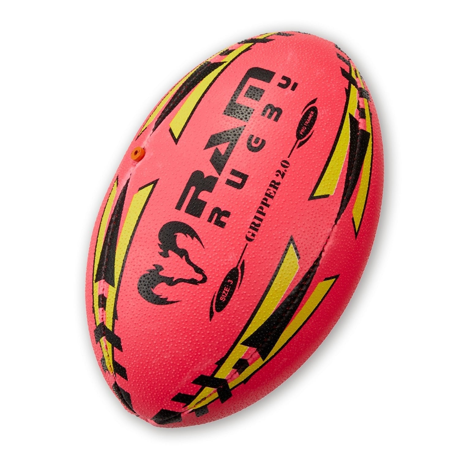 Ram Rugby Gripper 2.0 Neon Pro Trainer Ball for Junior Training showing detailed 3D grip texture and rubber laminate.