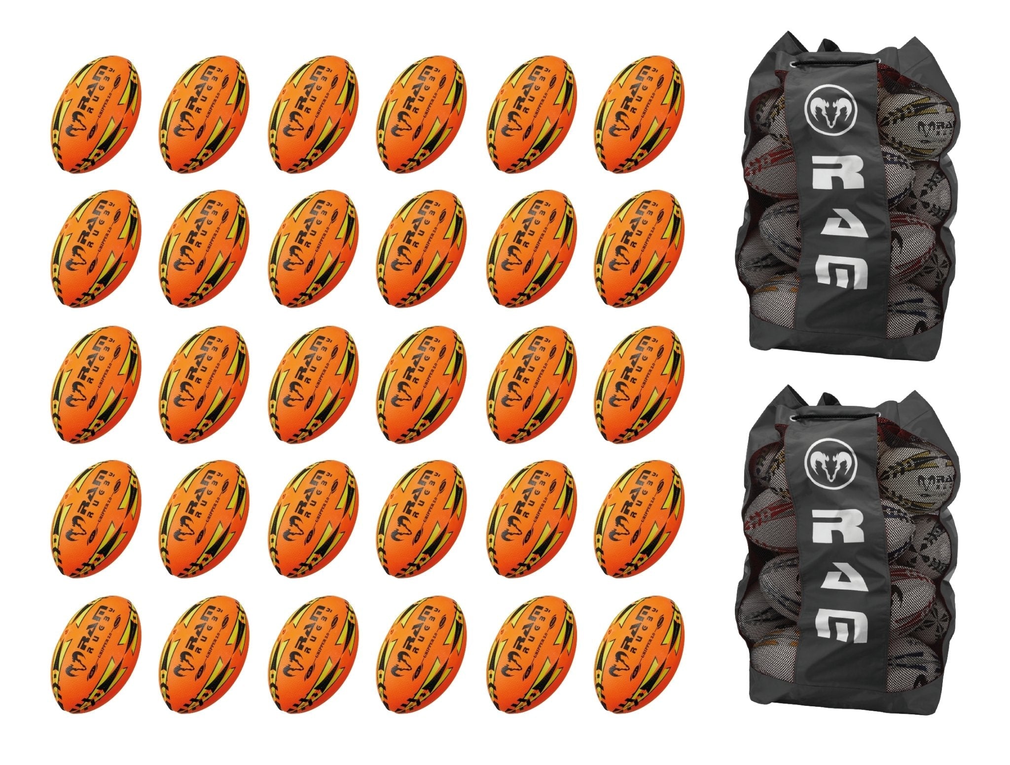 Stack of 30 Ram Rugby Gripper 2.0 Pro Trainer Neon Balls in yellow, orange, and green with two breathable carrying bags