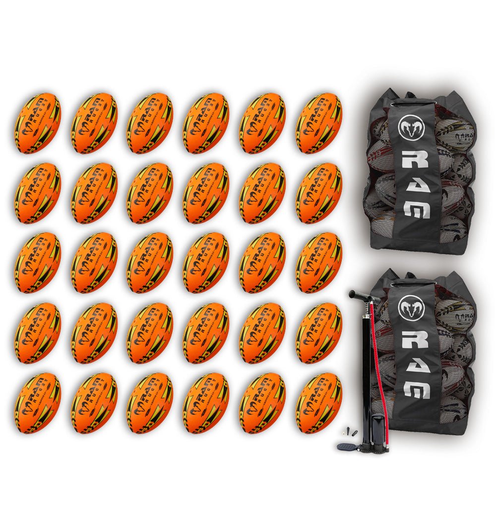 Stack of neon yellow, orange, and green Ram Rugby Gripper 2.0 Pro Trainer balls with two breathable storage bags