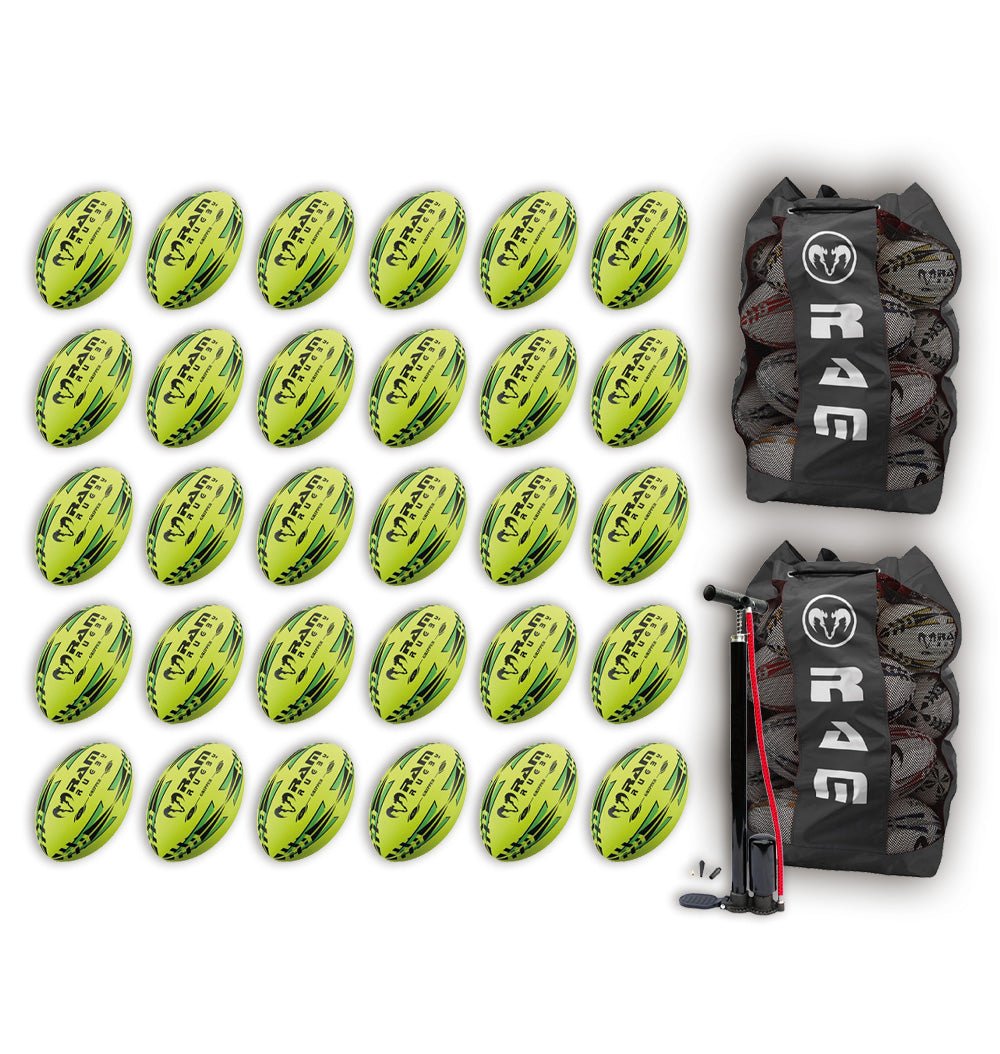 Stack of neon yellow, orange, and green Ram Rugby Gripper 2.0 Pro Trainer balls with two breathable storage bags included