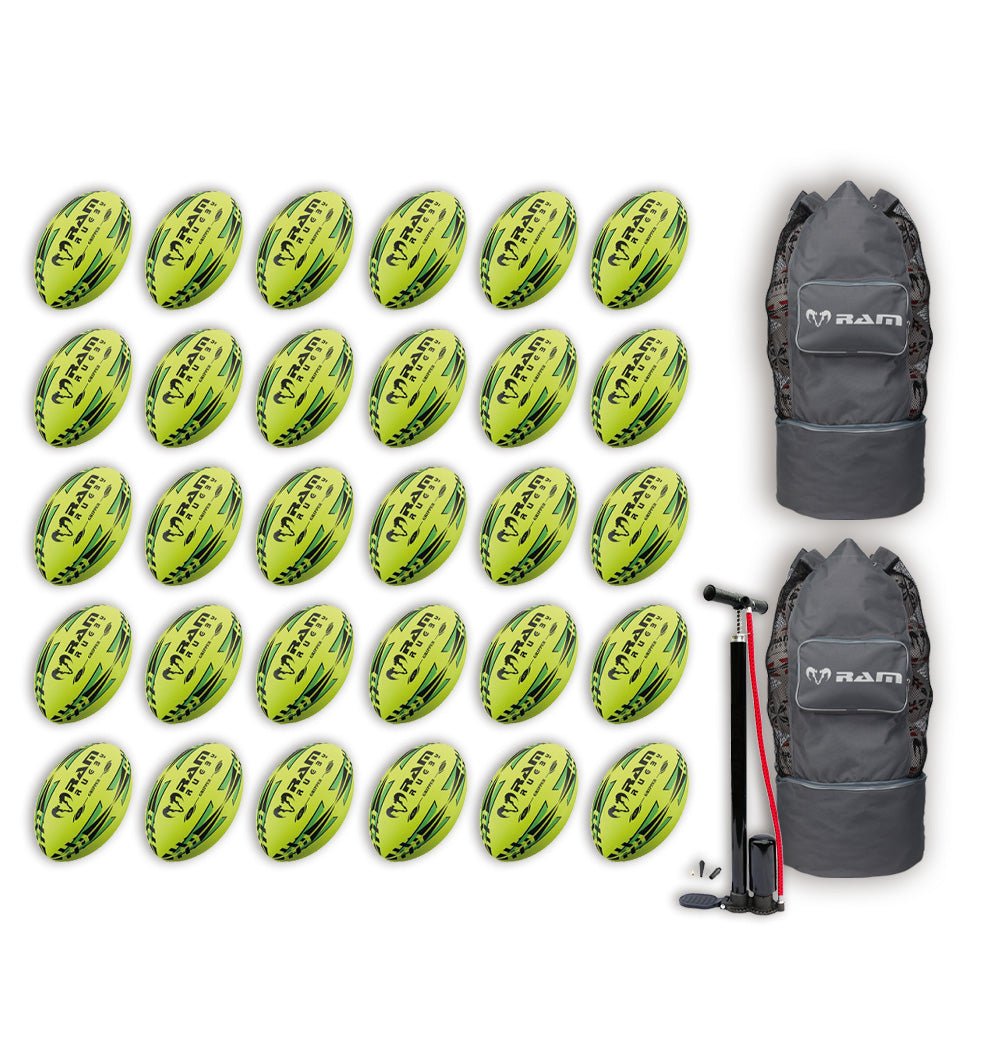 Thirty Ram Rugby Gripper 2.0 Pro Trainer neon yellow, orange, and green rugby balls stacked with two breathable bags.