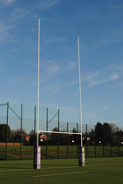 Ram Rugby 13m white aluminium hinged rugby goal posts pair with three-piece uprights and crossbars for sports fields